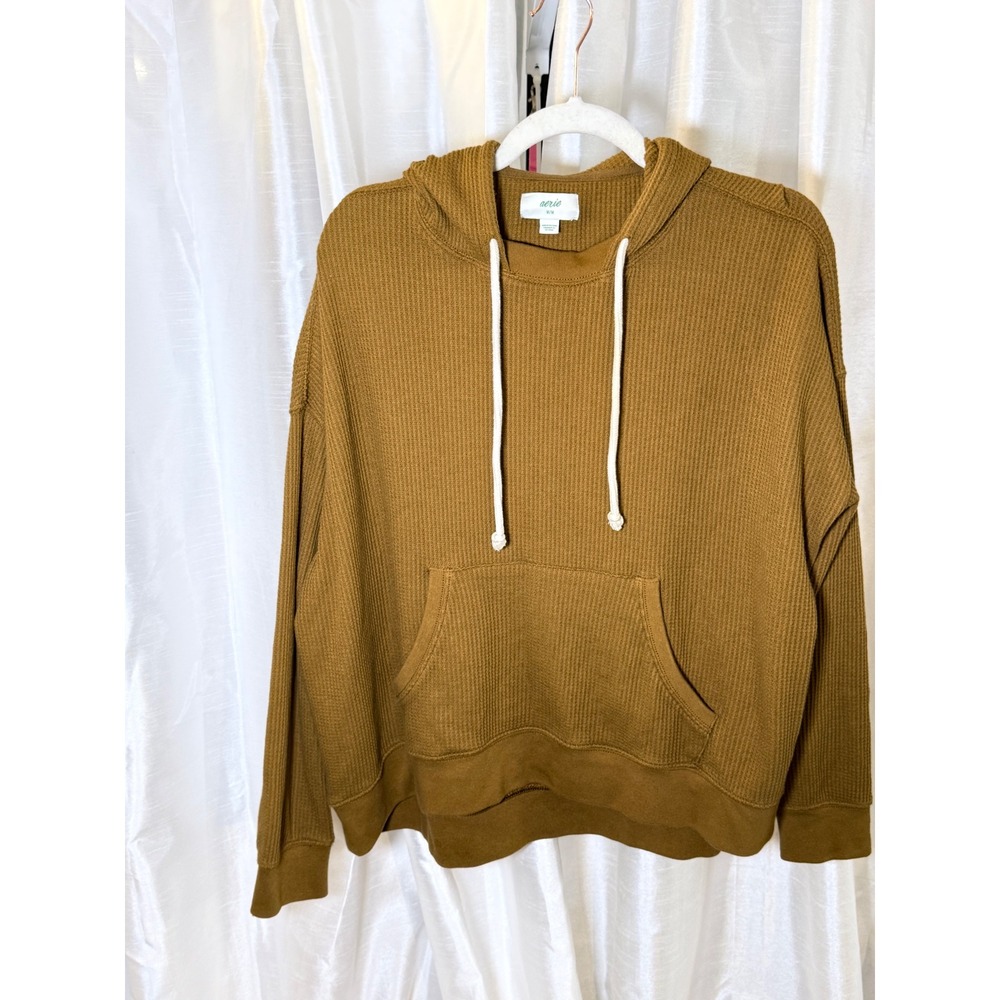 Aerie Waffle Knit Hoodie Women Medium Brown Oversized Pullover Pocket